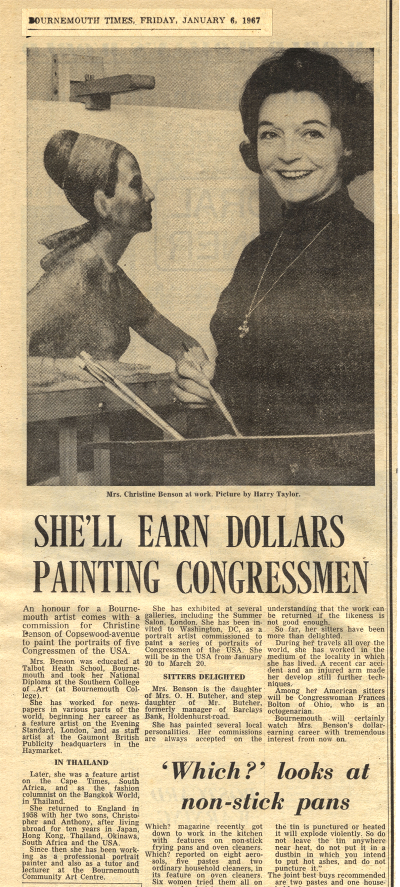 Bournemouth Times January 6, 1967 Newspaper clipping. Headline - She'll earn dollars painting congressmen