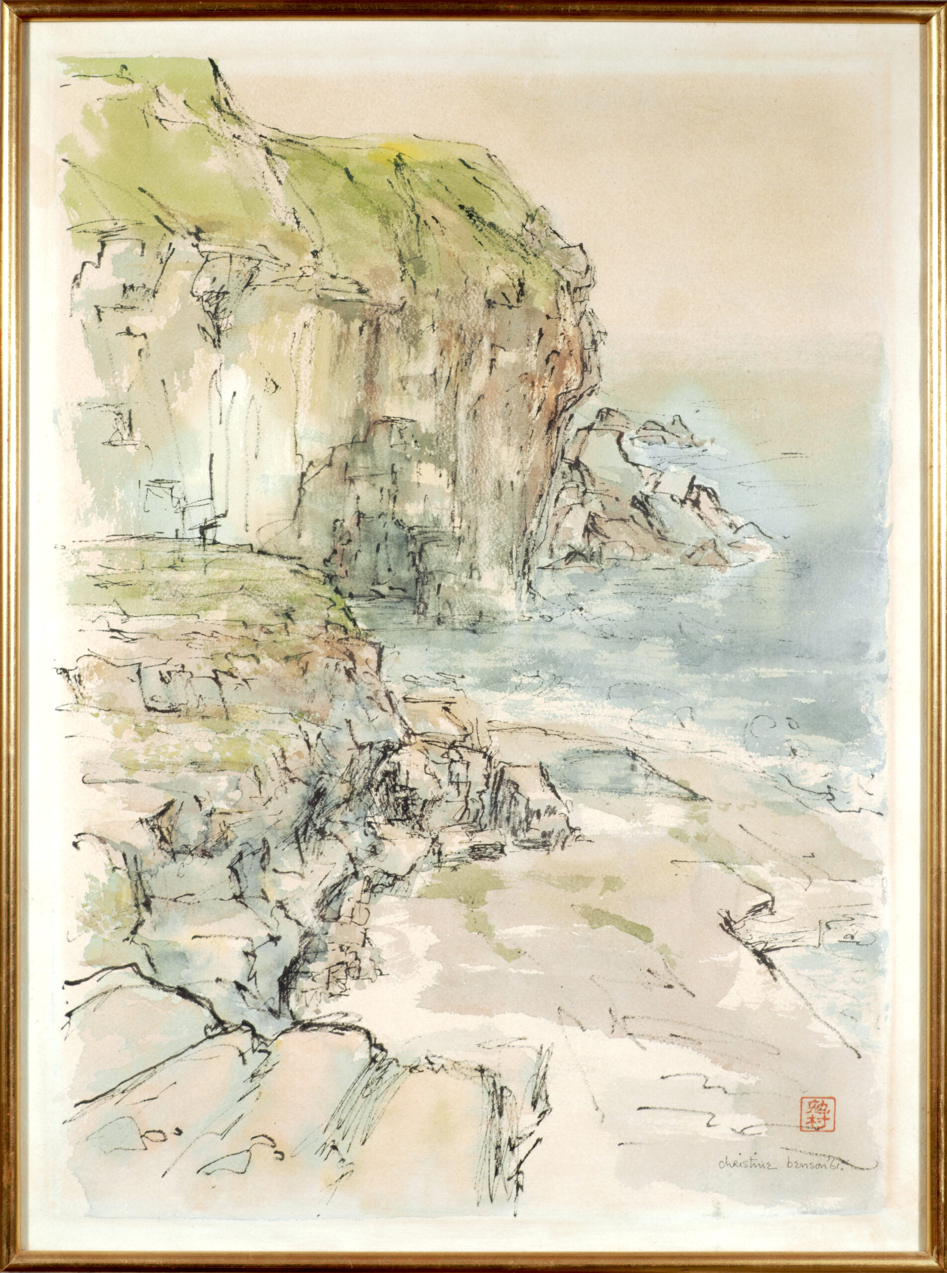 Line and wash” india ink and watercolor painting of Dancing Ledge