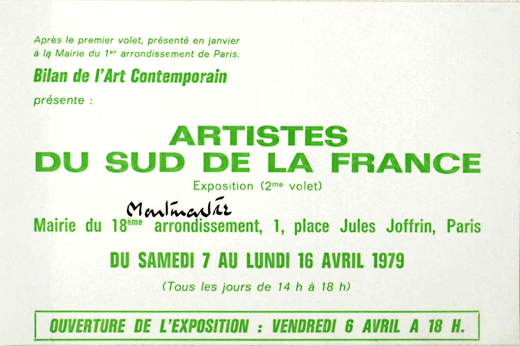 Flyer for ARTISTS FROM THE SOUTH OF FRANCE exhibition- Montmartre - Paris 1979