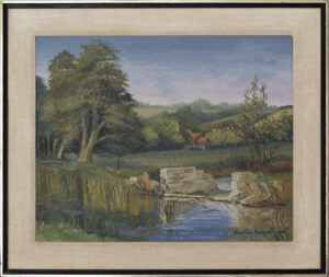 A landscape painting of the weir on the river Stour in Spetisbury