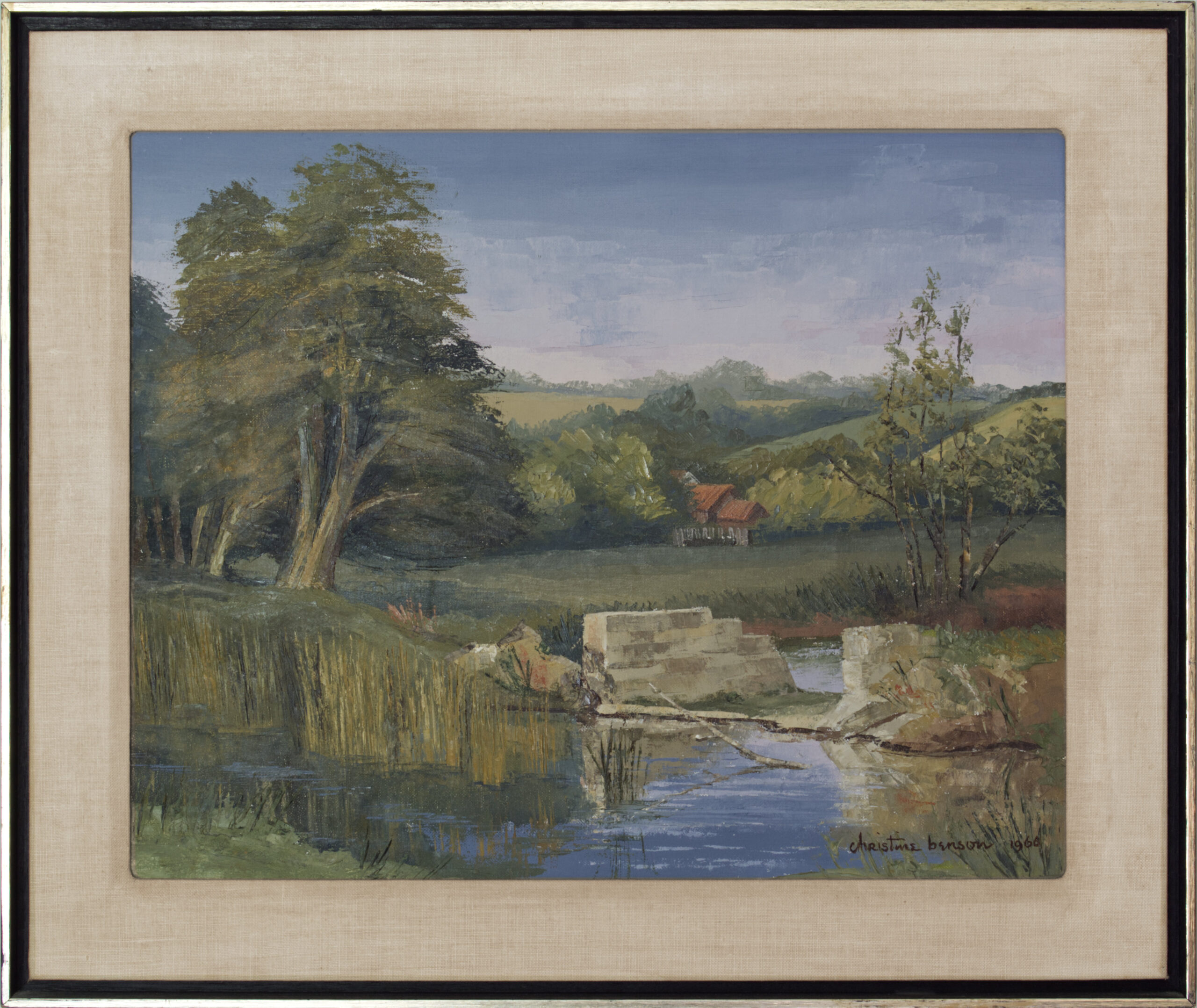 A landscape painting of the weir on the river Stour in Spetisbury