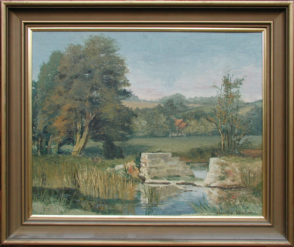 A landscape painting of the weir on the river Stour in Spetisbury