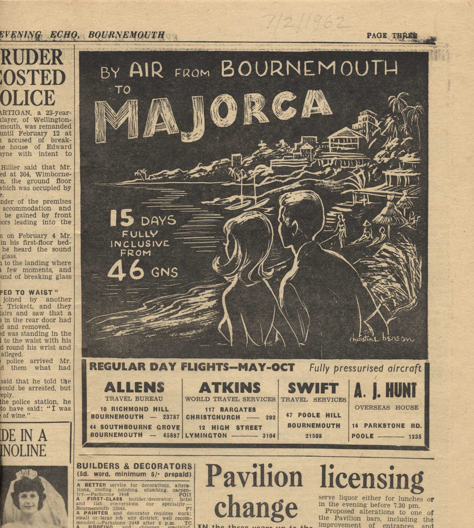 Bournemouth Evening Echo July 2, 1962 Fly to Majorca Newspaper Ad