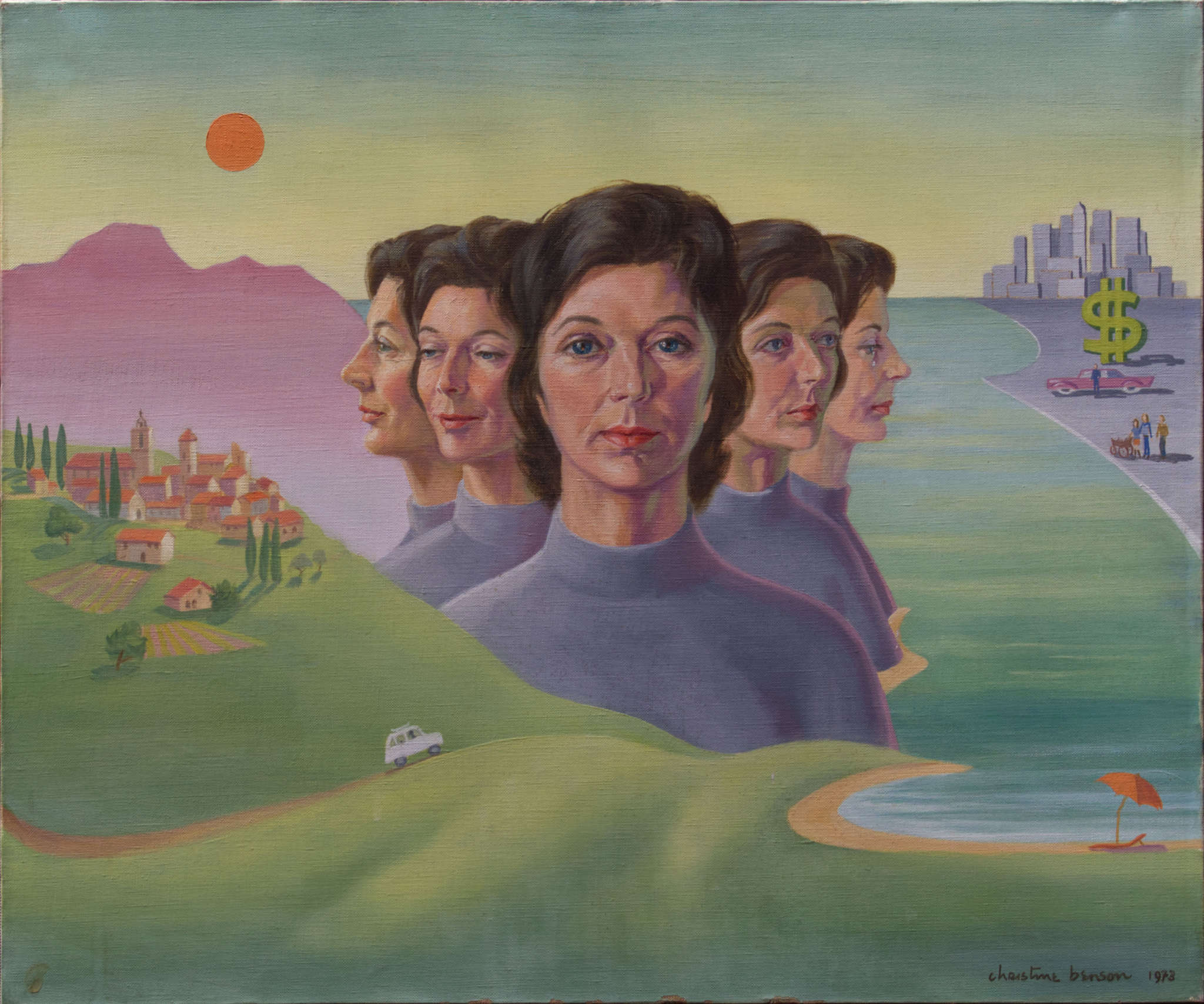 A painted self portrait of the artist showing her face from five different angles in the background one side shows mountains and a French village and the other side a big city and a big dollar sign.