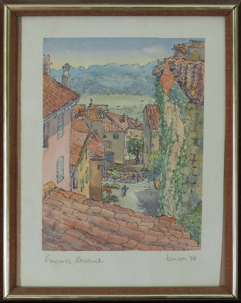 The View form Christine Benson's flat at Fayence, France - watercolor painting