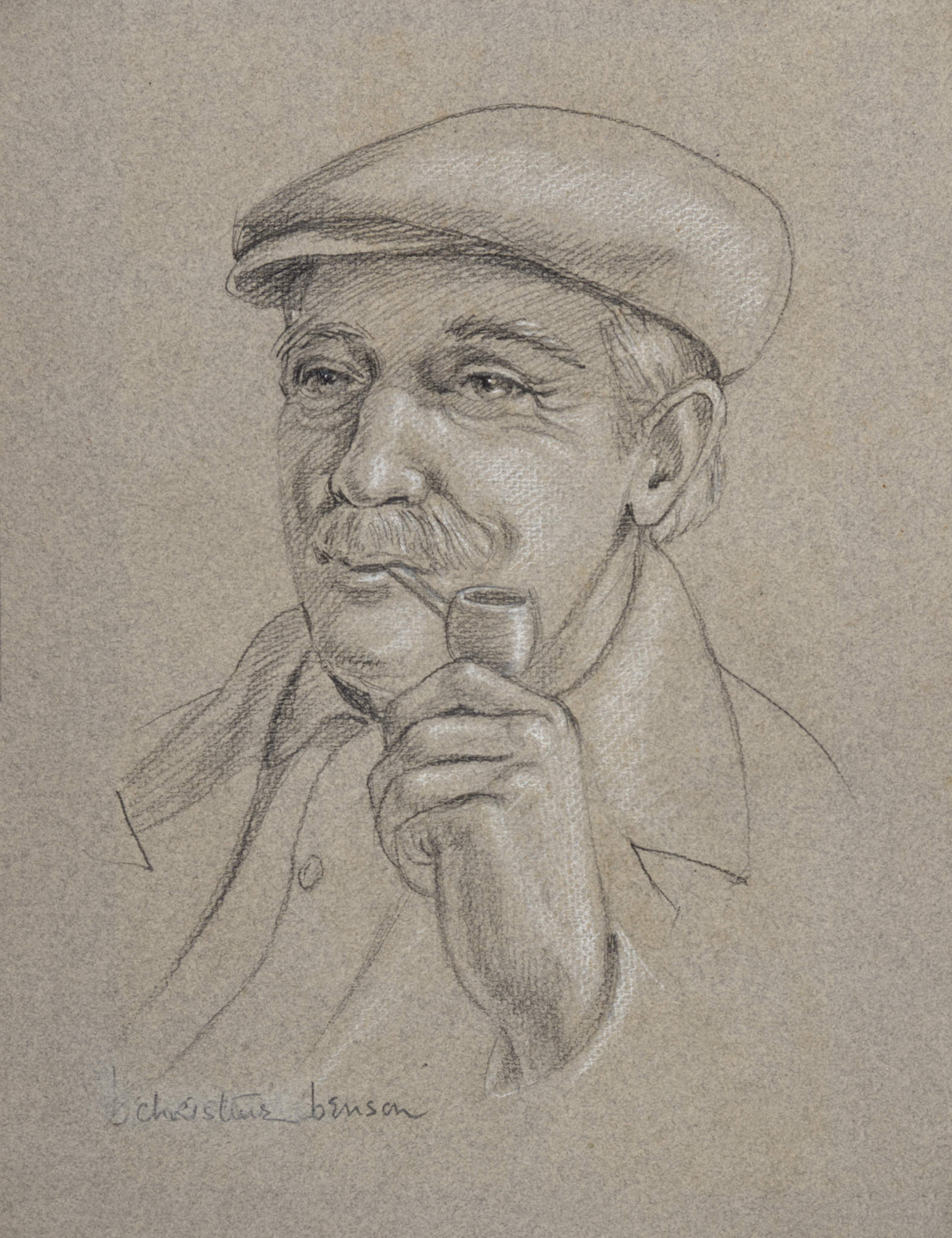 Pépé conté crayon portrait of an old man smoking a pipe on grey paper