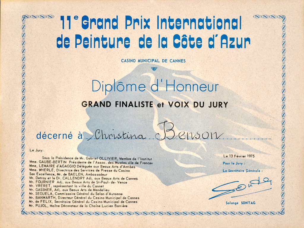 11th Grand Prix International de Peinture de la Cote d'Azur - Grand Finalist Diploma and Voice of the Jury - 1975
