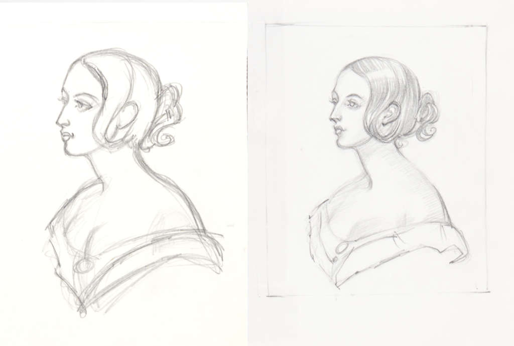 Pencil sketch studies for Georgiana Seymour miniature