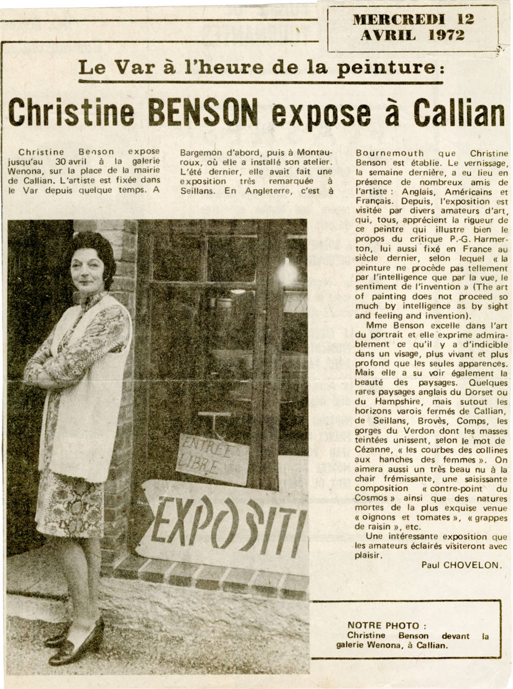 Var Matin, April 12, 1972 Newspaper article - Exhibition in Callian