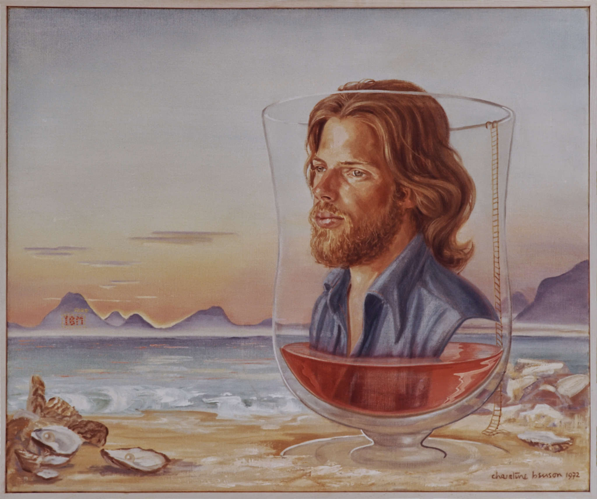 Fantasy at Dawn / Euphorie au Petit Matin. A painting of a young bearded man's head sitting in a large wine glass in front of an ocean with mountains in the distance