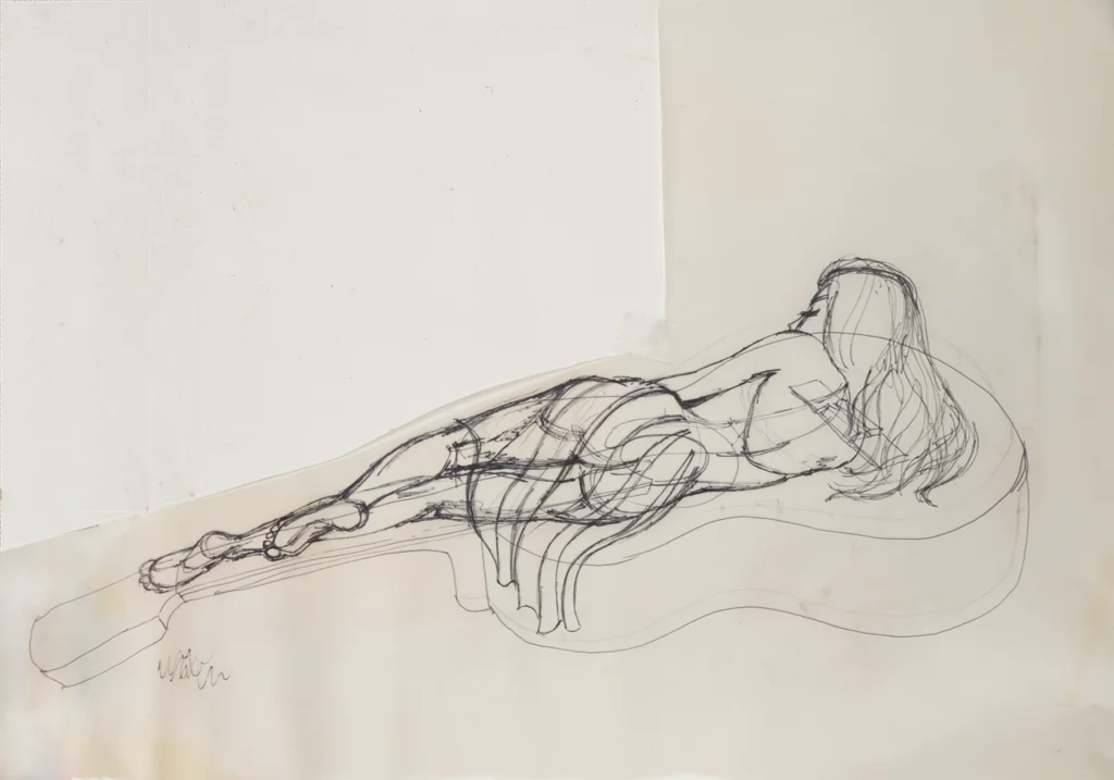 A working sketch of a female figure on a guitar for the Serenade painting