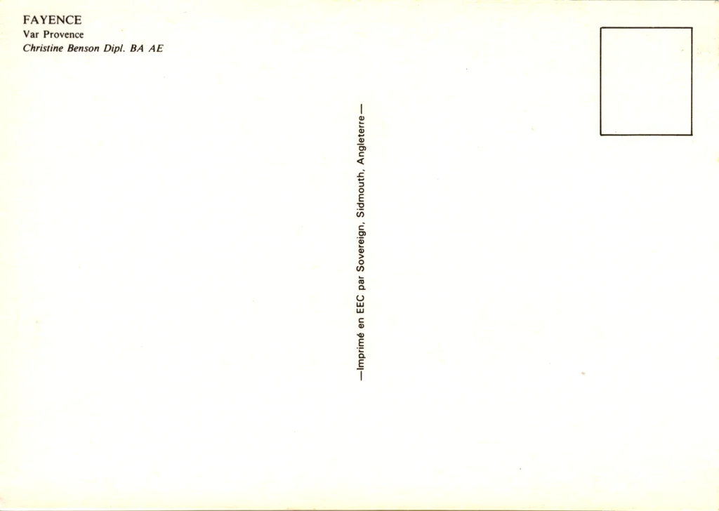 Back of the postcard depicting a watercolor painting of a Provencal village scene,