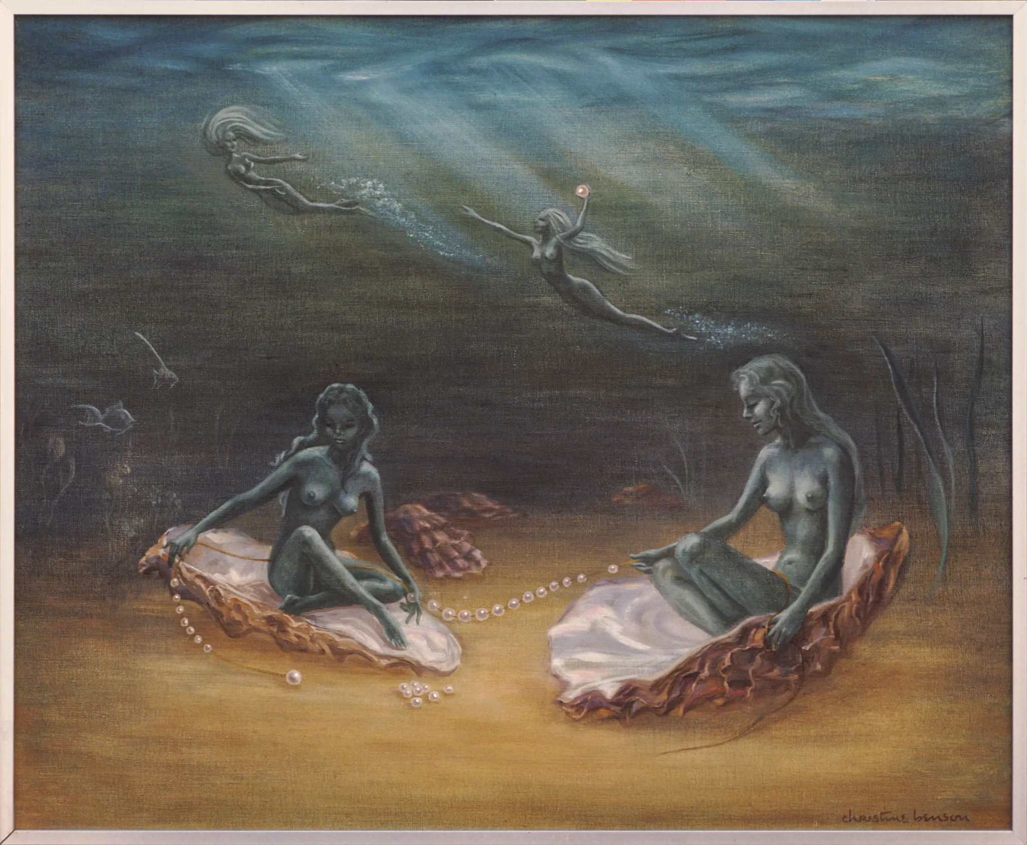 Painting of Nymphs sitting in Oyster shells stringing pearls