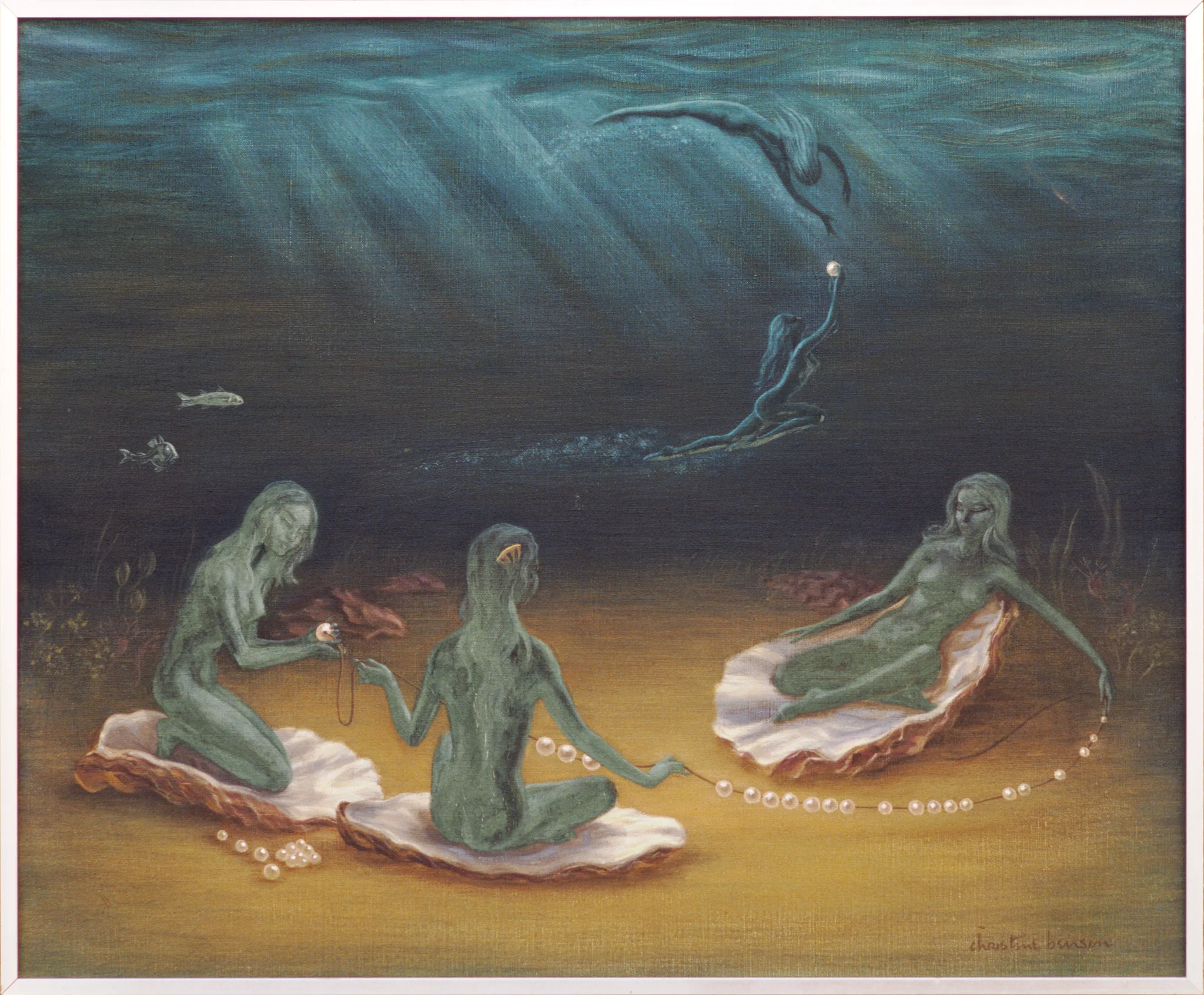 Painting of five water nymphs playing and stringing pearls