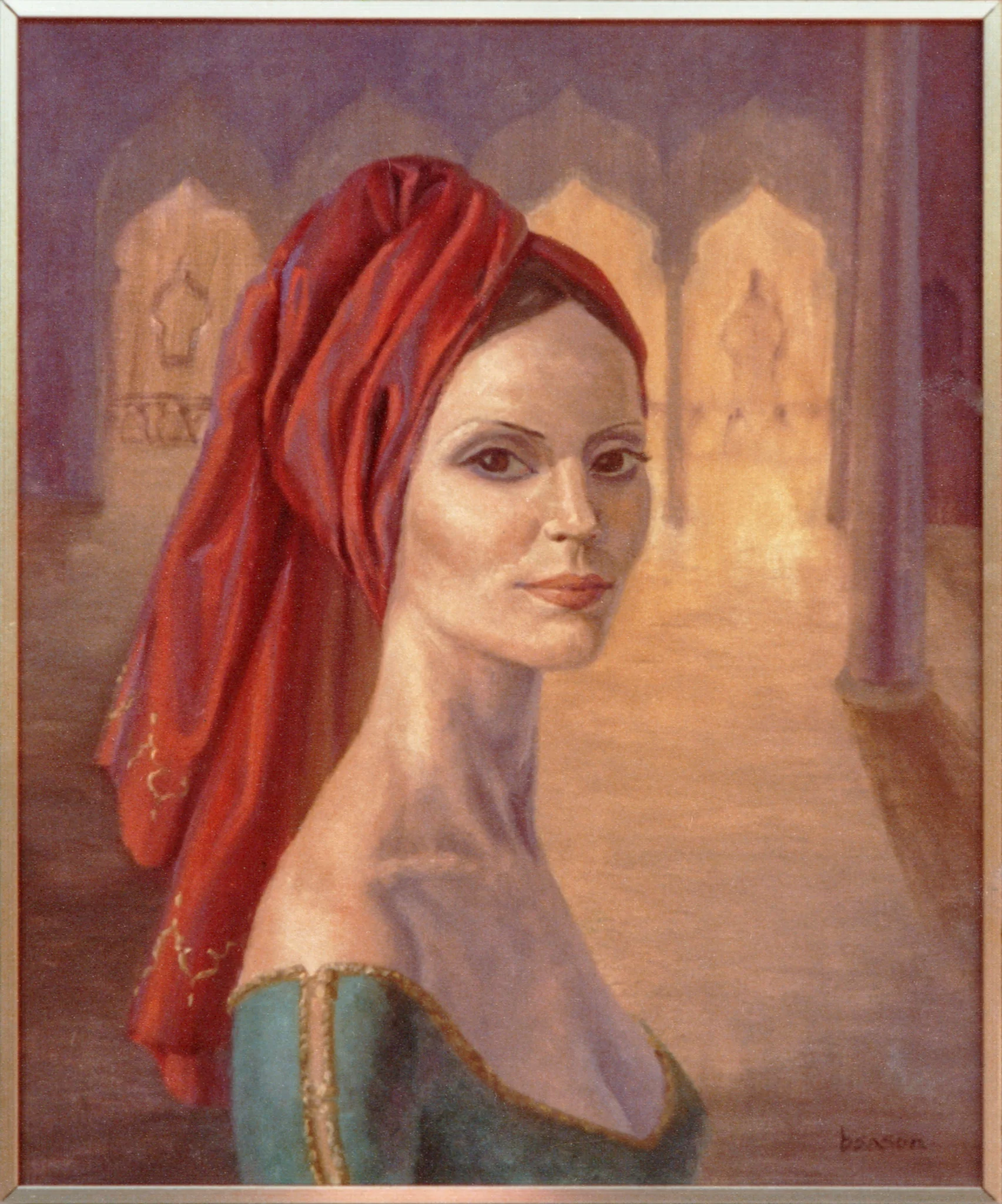 A painting of a beautiful Thai women with a Red Turban