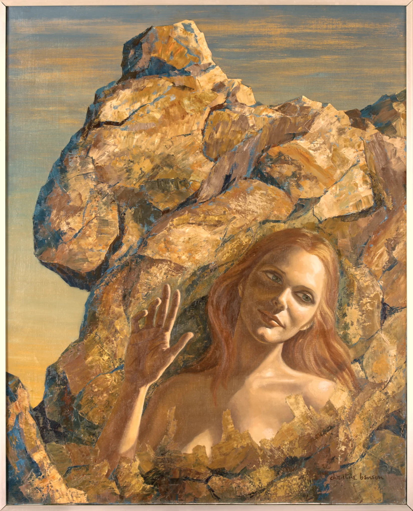 Painting of a woman descending into a large rock
