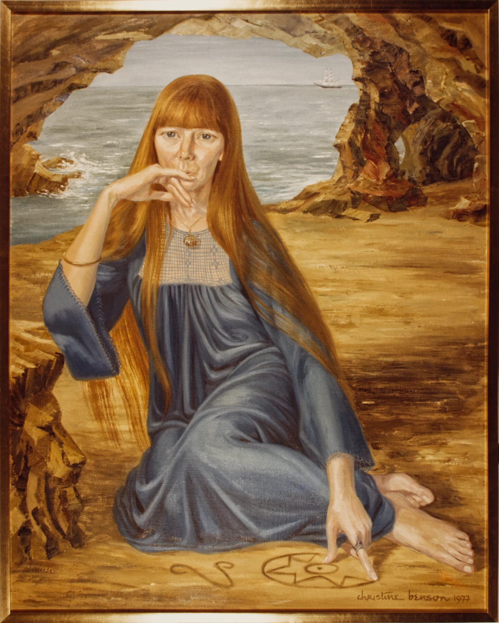 A painting of Sybille, the prophetess sitting in a cave by the ocean