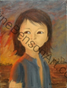 A small painting of a Vietnamese child with a burning village in the background