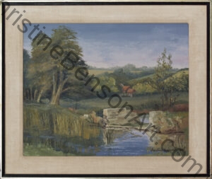 A landscape painting of the weir on the river Stour in Spetisbury