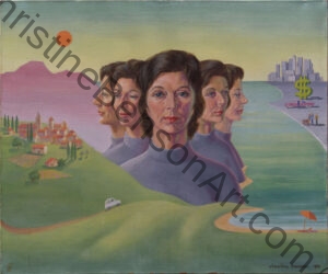 A painted self portrait of the artist showing her face from five different angles in the background one side shows mountains and a French village and the other side a big city and a big dollar sign.