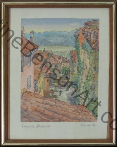 The View form Christine Benson's flat at Fayence, France - watercolor painting