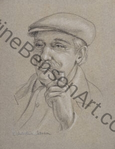 Pépé conté crayon portrait of an old man smoking a pipe on grey paper