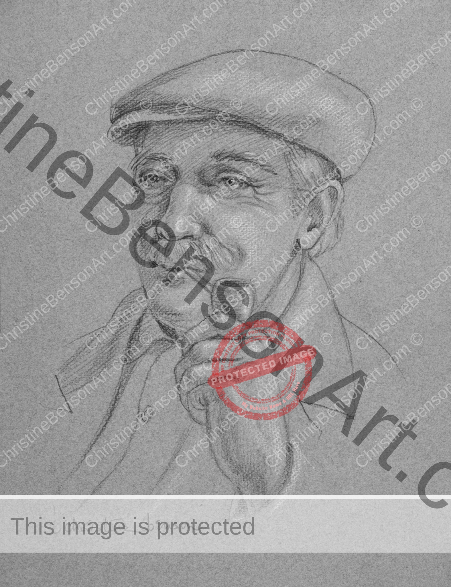 Pépé conté crayon portrait of an old man smoking a pipe on grey paper