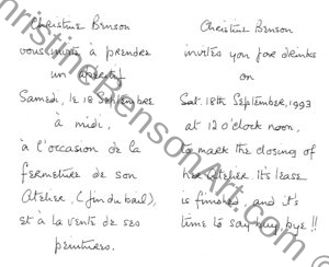 Studio Closure Announcement Card. Christine Benson invites you for drinks on Sat. 18th September 1993 at 12 o'clock noon, to mark the closing of her Atelier. It's lease is finished, and it's time to say buy, bye!!