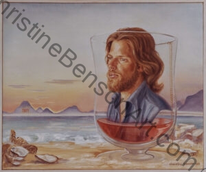 Fantasy at Dawn / Euphorie au Petit Matin. A painting of a young bearded man's head sitting in a large wine glass in front of an ocean with mountains in the distance