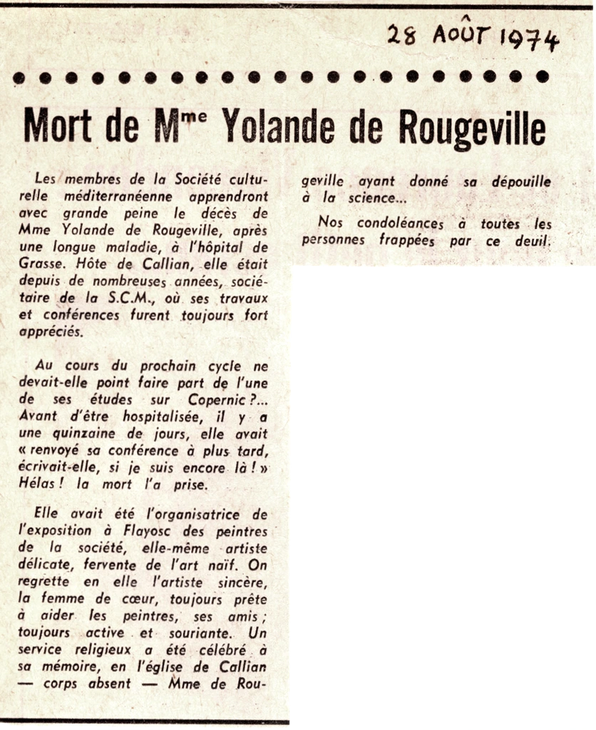 News article Mme Yolande de Rougeville obit 1974