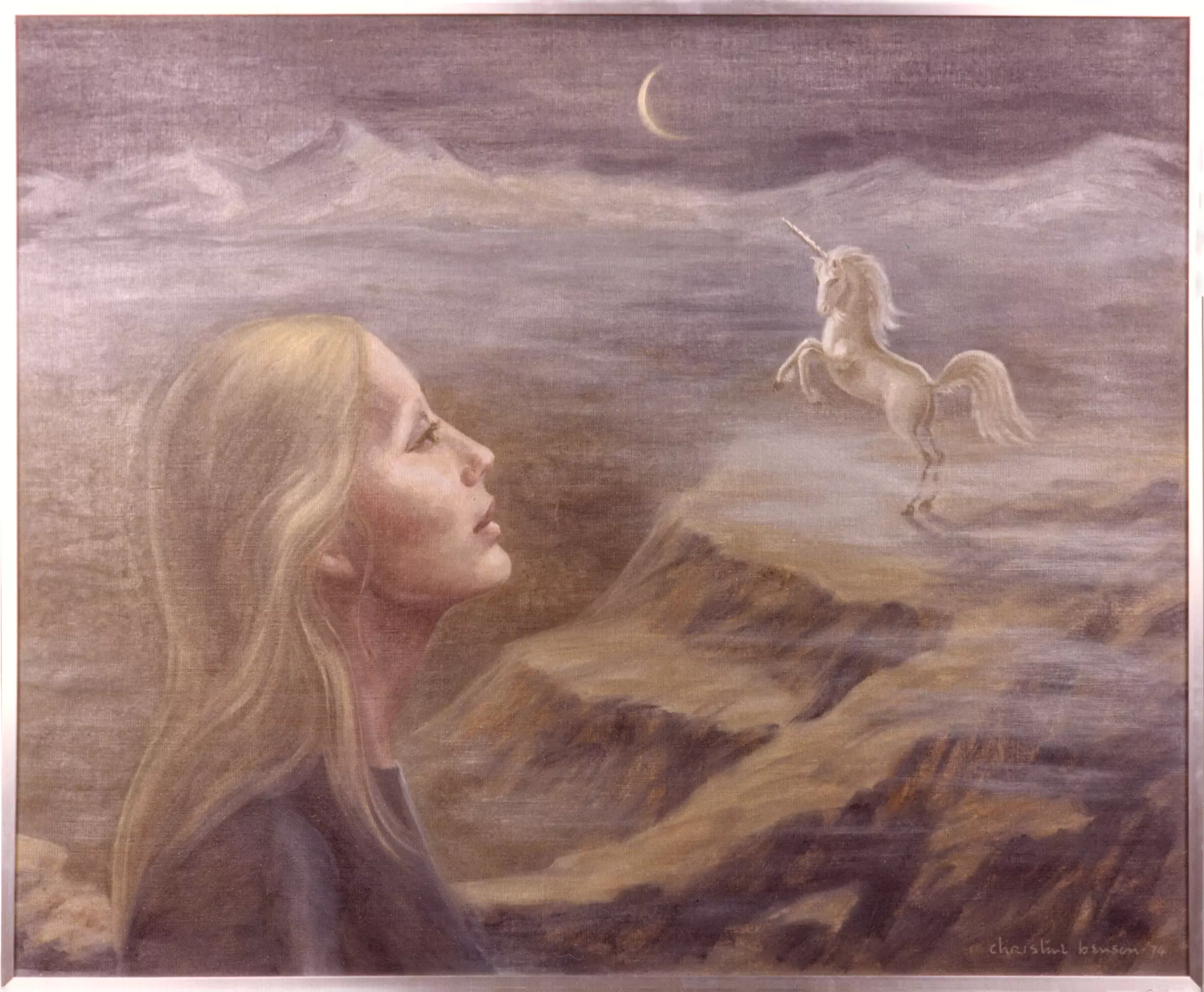 A painting of a women dreaming of a Unicorn