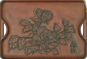 Large Carved wooden tray depicting Peonies