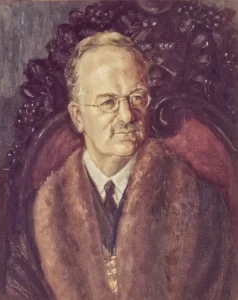 A a painting of an older gentleman Sir Assheton Pownall MP, with his fur collar and Master Vintner medal