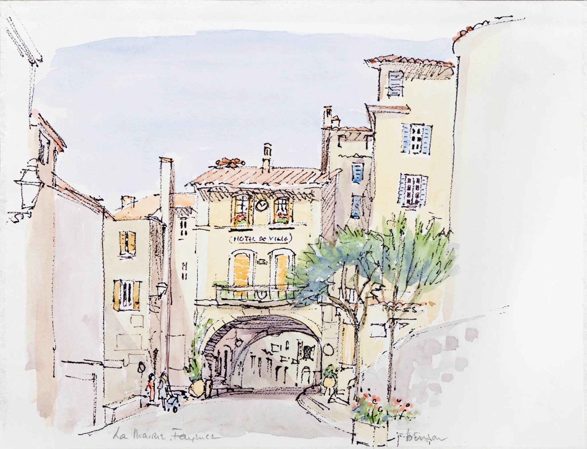 Watercolor of the Fayence La Maire or Town Hall