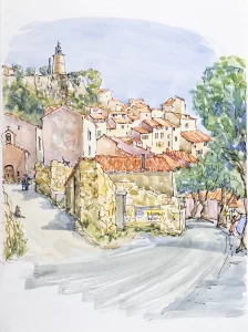 Watercolor painting of a French village with a clock tower in the distance