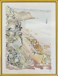 A line and wash watercolor of the Cornish coast