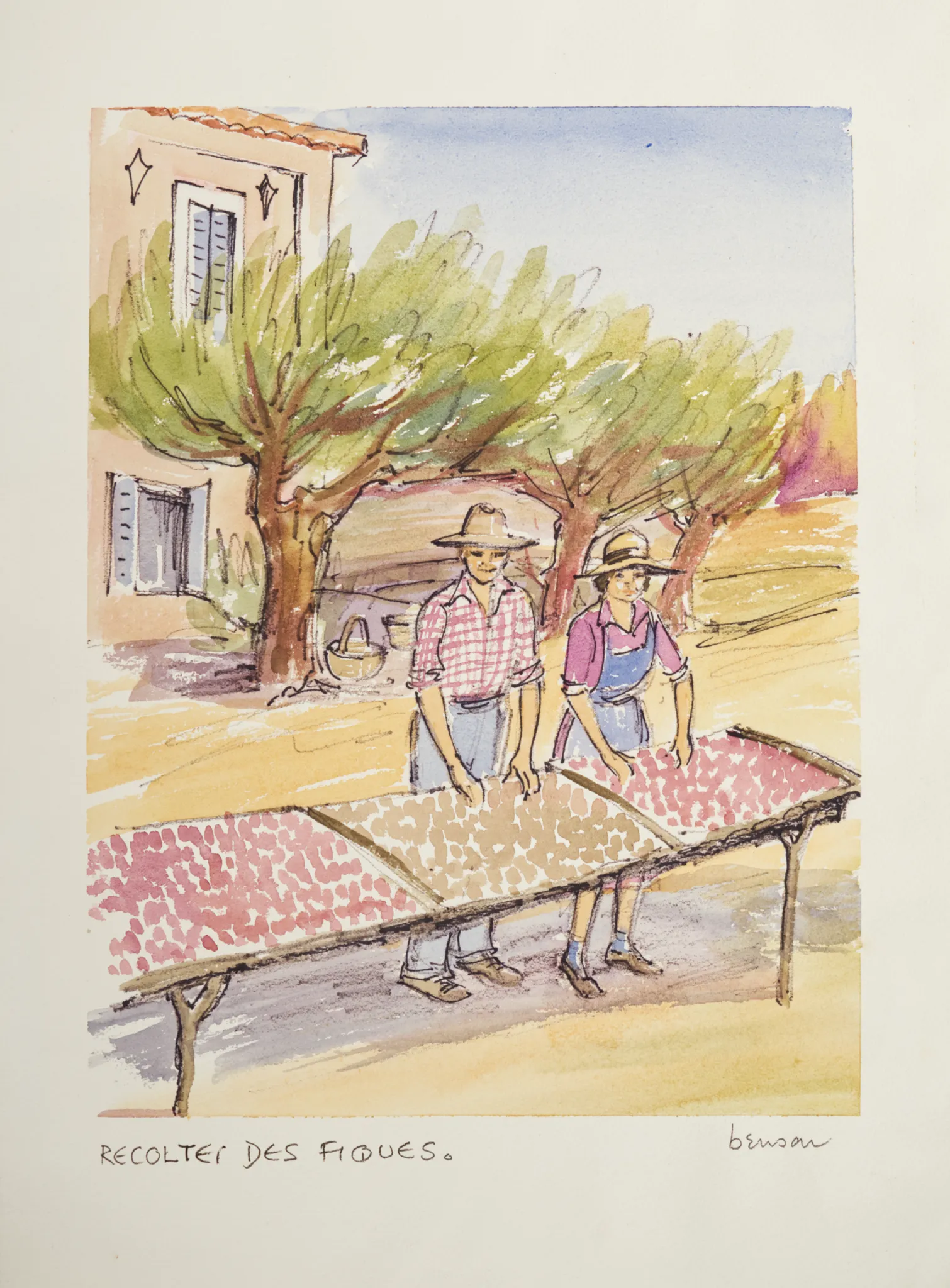 Water color painting of two people sorting figs