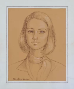 Quick sketch of a young woman done with conte crayon on a light brown paper