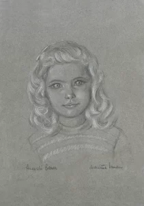 A conte crayon drawing of Augusta Brown on grey paper