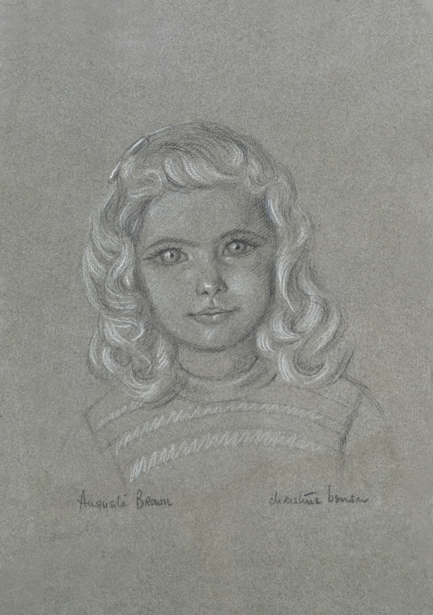 A conte crayon drawing of Augusta Brown on grey paper