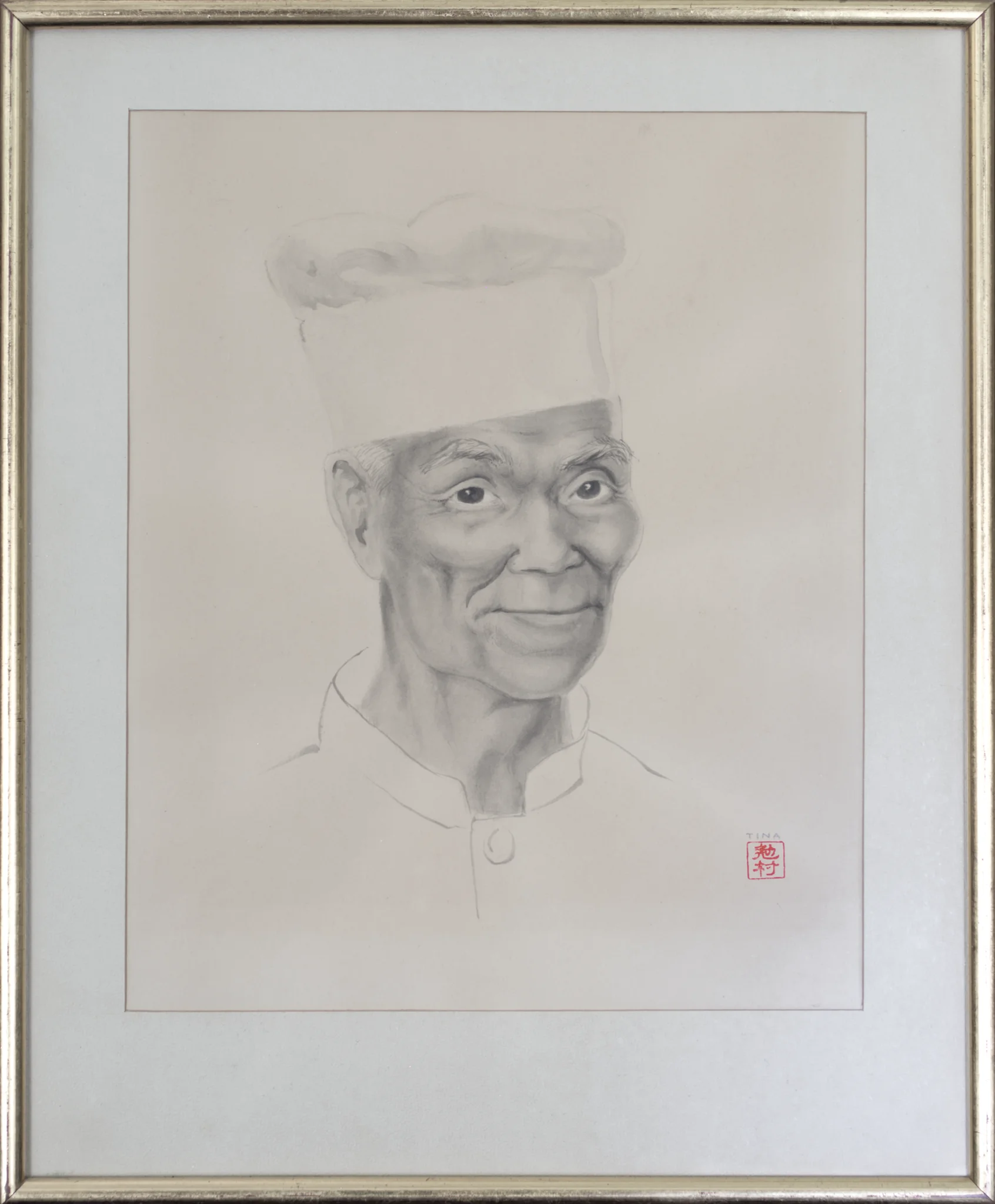 A sumi ink painting of Ishiyama-san a distinguished Japanese gentlemen wearing a chefs hat.