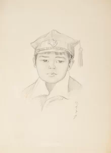 A pencil drawing of Seitoku, a Japanese school boy