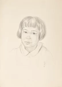 A pencil drawing of Shizue a young Japanese girl