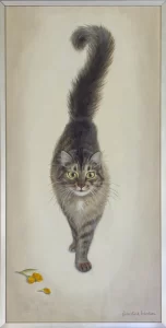 A tall thin painting of Kichicot the cat