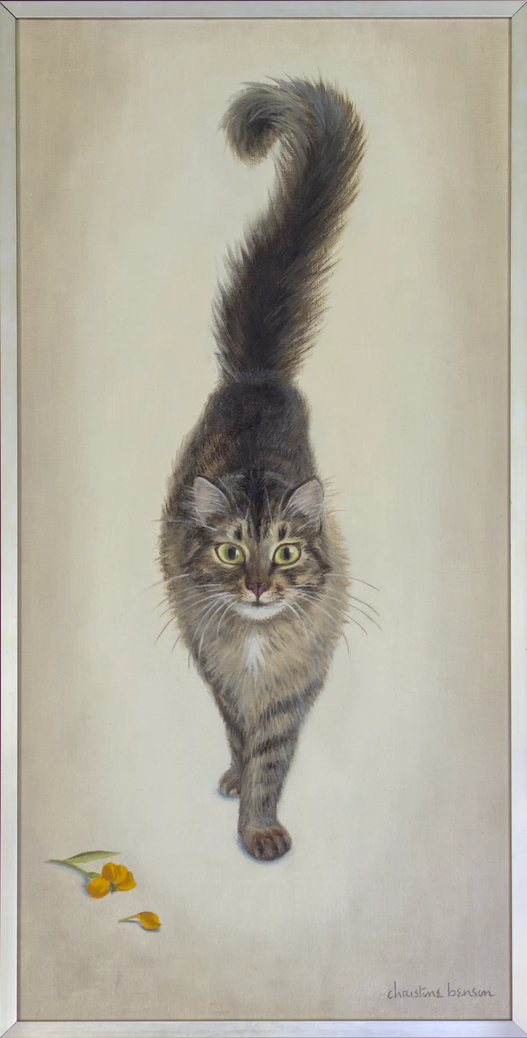 A tall thin painting of Kichicot the cat