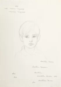 An incomplete sketch of a young boy with additional practice signatures