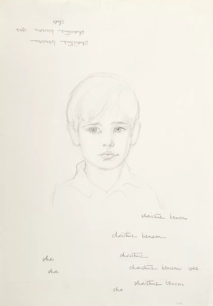 An incomplete sketch of a young boy with additional practice signatures