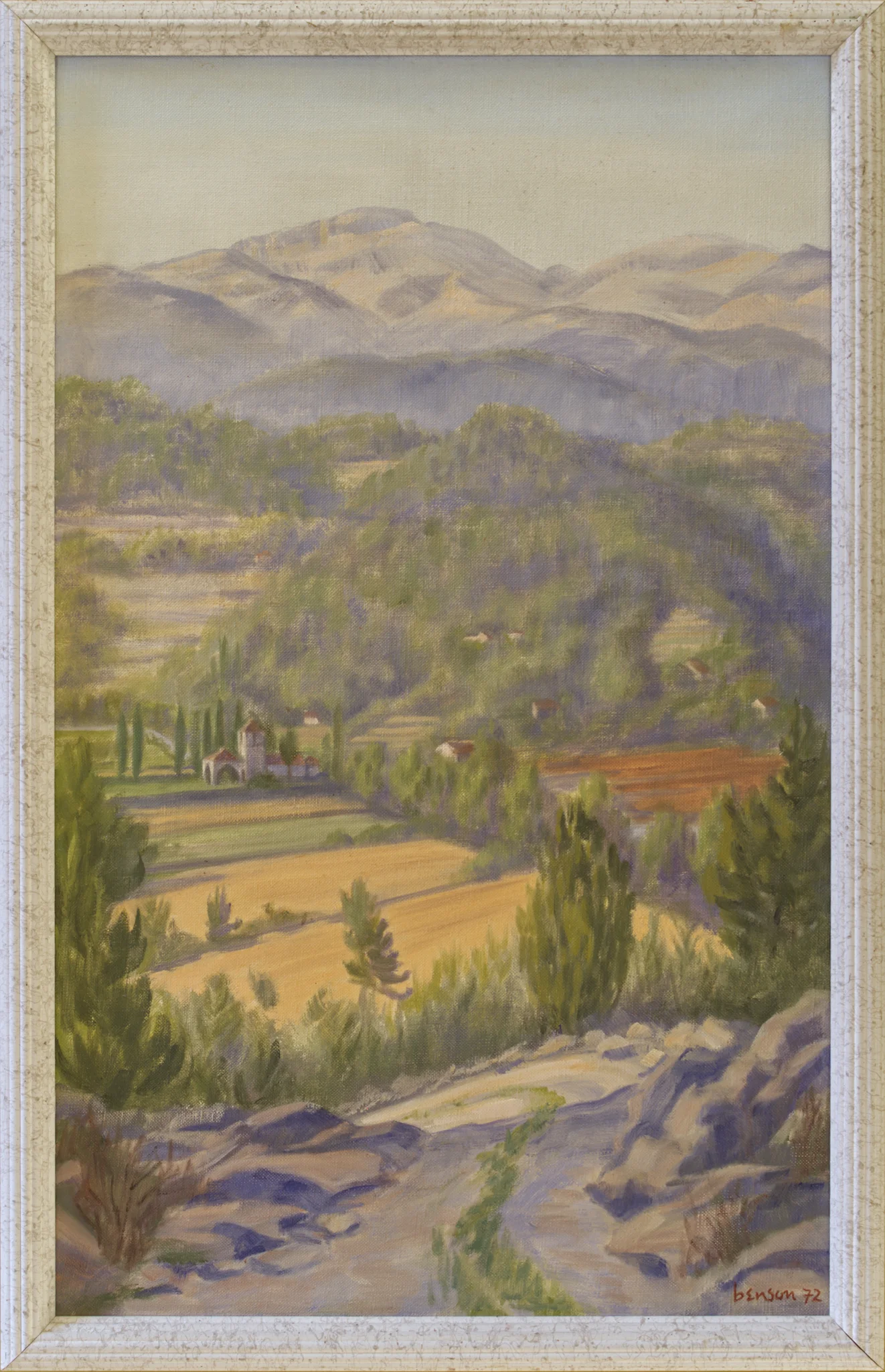 Landscape painting with Notre Dame des Cyprès chapel in Fayence in the distance