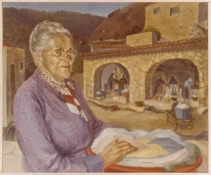 A painting of an elderly lady with her washing in front of the wash house fountain