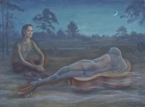 Serenade a painting of young man at night looking at his guitar imagining a beautiful woman